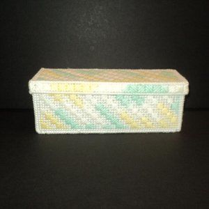 Handmade Trinket Box Needlepoint White, Yellow, Mint Green 9 1/4 x 3 1/4 Vintage